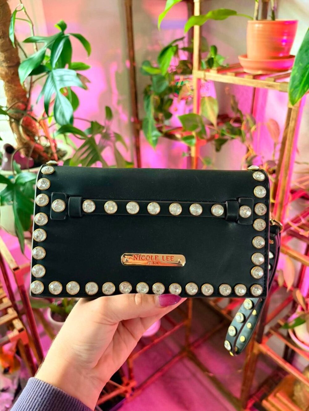 Nicole Lee Black Rhinestone Studded Crossbody Clutch Wallet Purse - Picture 1 of 8